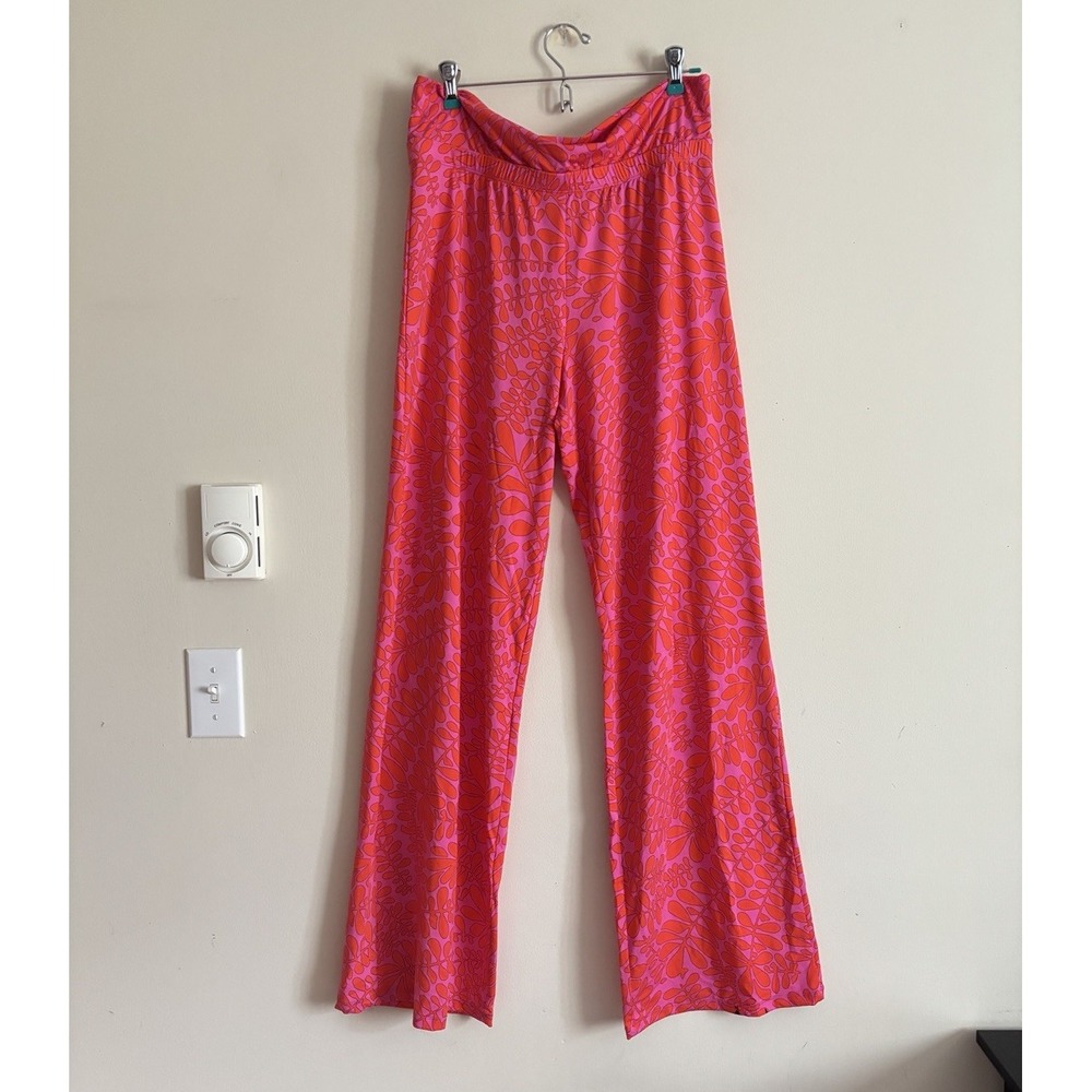 NWT Trina Turk Wide Leg Pants Large Stretch Funky Pink Beach Party *Small Flaw